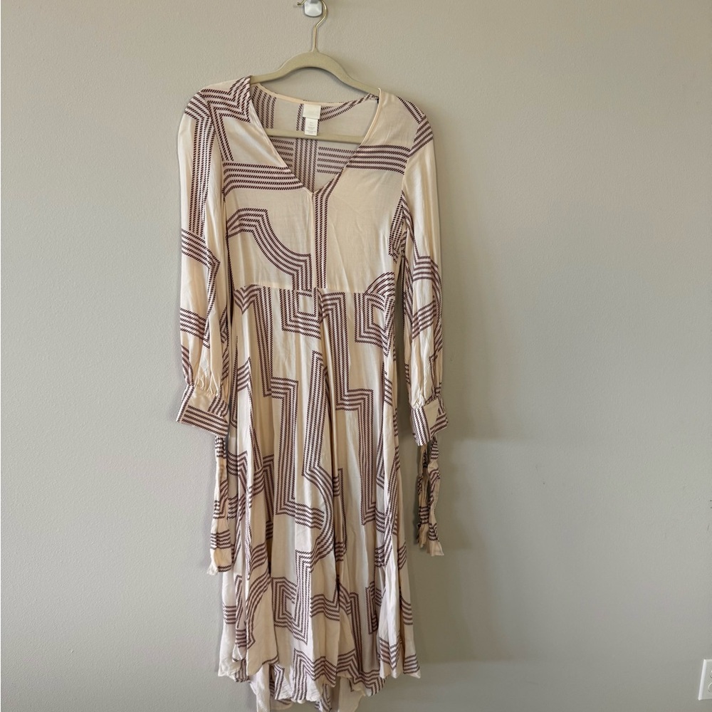 H&M Tan and Cream Tiered Maxi Dress with Bishop Sleeves